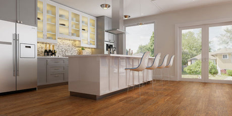 Image of a kitchen with fixed buckled hardwood floors
