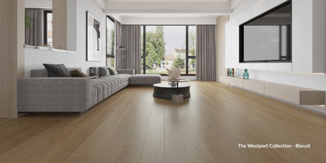 room scene of a living room featuring our biscuit flooring from the Westport collection
