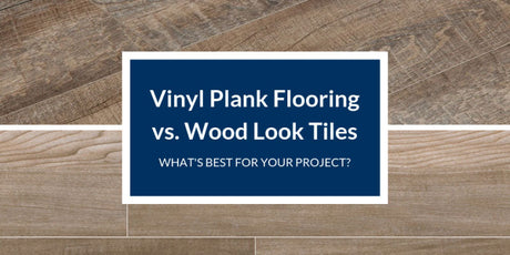 Top and bottom comparison image of vinyl plank flooring and wood-look tiles